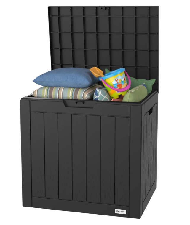 LifeGoods Opbergbox XXS 118L - Tuinkussen Opbergbox - Waterdicht - Weerbestendig - Houtlook - Met Slothouder - Grijs