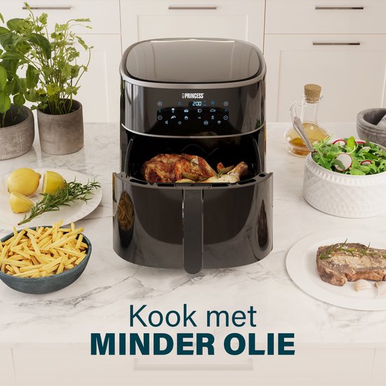 Princess Digitale Airfryer XXL 182254 - 8 liter - Extra Groot - PFAS vrij - Heteluchtfriteuse - Inclusief in hoogte verstelbaar Grillrack - Digital Touchscreen - 8 Automatische Programma's - 1800W - Zwart
