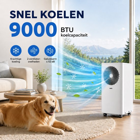 AUX 3-in-1 mobiele airconditioner 9000 BTU (Tot 36m2) , energieklasse A, wifi & afstandsbediening, 4 standen, zelfdemping, koelmiddel R290, wasbaar filter, inclusief raambeugel