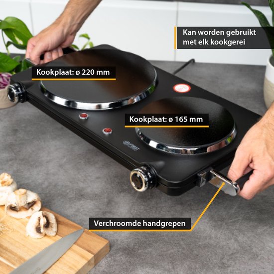 TZS First Austria Kookplaat 2500W - Kookplaat elektrisch vrijstaand - 2 kookzones - met Handgrepen - Zwart