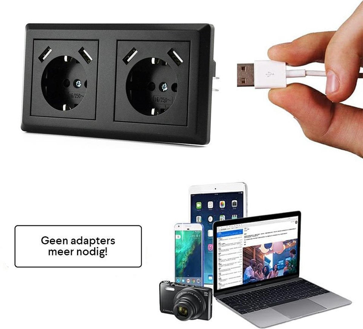 Homra Brock Dubbel USB Stopcontact Zwart - Inbouw Wandcontactdoos - Glanzend Kunststof - Zwarte Wanddoos - Contactdoos - 5.600mA - 220 volt - USB Oplader - Snel Opladen - Fast Charge - Randaarde - 80x80mm