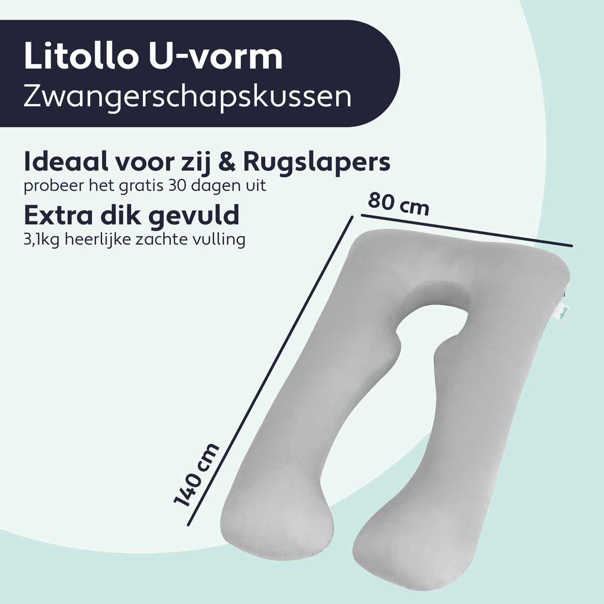 Litollo Zwangerschapskussen XXL - 280cm - Afneembare en Wasbare Hoes - Grijs