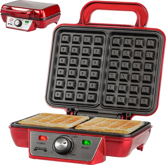 Gadgy Retro Wafelijzer - Anti-Aanbaklaag - 1000 Watt - Regelbare Thermostaat - Rood - 25.6x23.7x9.6 cm