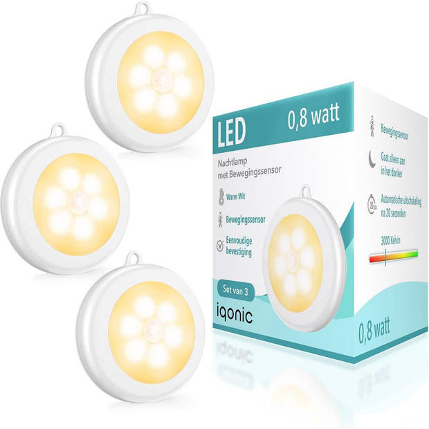 Iqonic - 3 Pack Draadloze Ledlamp - Warm Wit - 8x8x1.7 cm