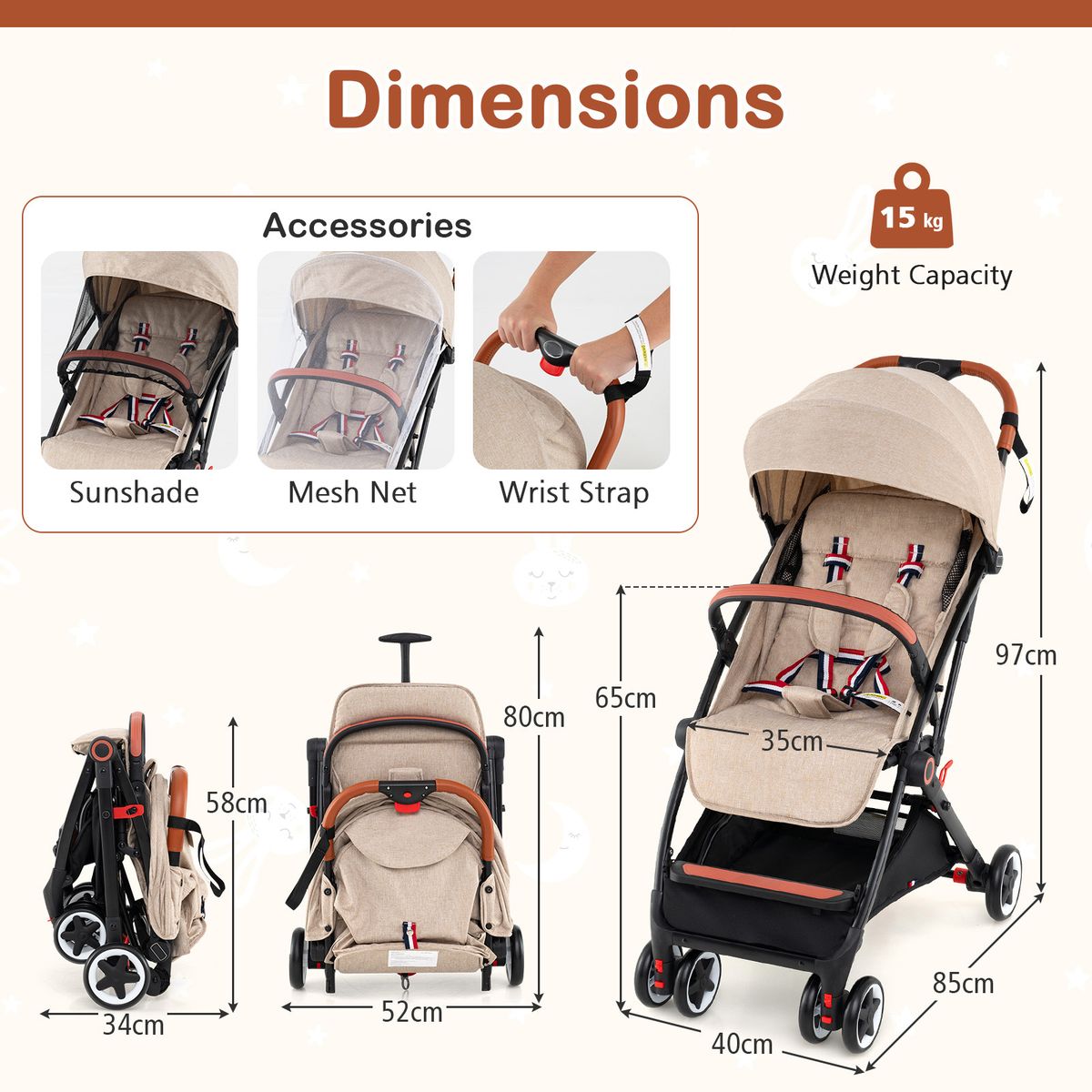 Coast Opvouwbare Kinderwagen - verstelbare rugleuning en voetensteun - schokdempende wielen - beige