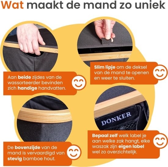 Goliving Wassorteerder 3 Vakken - 150L - Opvouwbare Wasmand Met Deksel - 3 Uitneembare Zakken Met Kleurlabels - 57 x 37 x 66 cm - Zwart