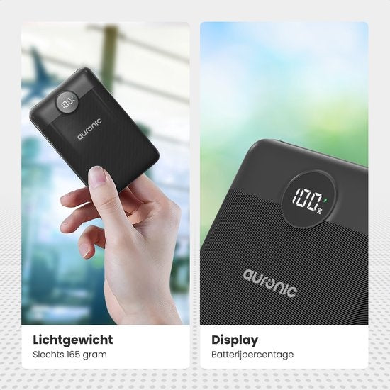 Auronic Powerbank - Geschikt voor iPhone 12/13/14/15 en Samsung S21/S22/S23 - 10.000 mAh - 22.5W - 2 Oplaadpoorten - Snelladen via USB-A en USB-C - Zwart