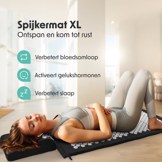 LifeGoods Acupressuur Mat XL - met Kussen - Shakti mat - Spijkermat Incl. 2x Triggerpoint Bal - 128x48x2cm - Zwart/Wit