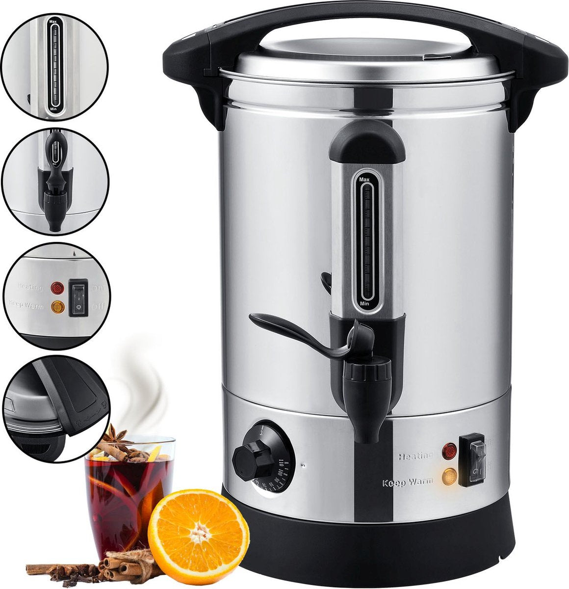 Juskys Glühweinketel 7L - 1500W - warmhoudfunctie - zilver/zwart - 42 cm