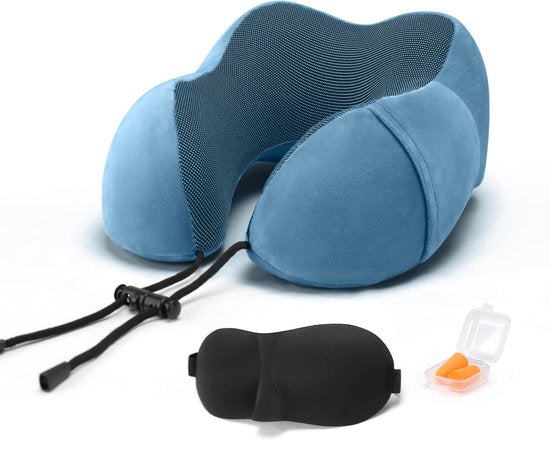 SC Reizen Essentiëlen - Nek Kussen Set 3-delig - Ergonomisch Memory Foam Reiskussen met Oogmasker en Oordoppen - Ideaal voor Vliegtuig, Auto en Trein - Compact en Luxe - Royal Blue