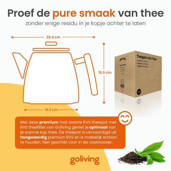 Goliving Theekan met Filter - 1 Liter - Theepot - Dubbelwandig - RVS - Thee Infuser - Mat - Zwart