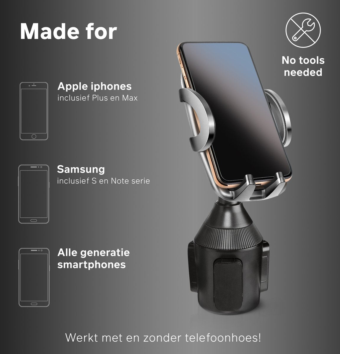 BINTOI Telefoonhouder – Verstelbaar & 360° Draaibaar – Voor Bekerhouder – Zwart
