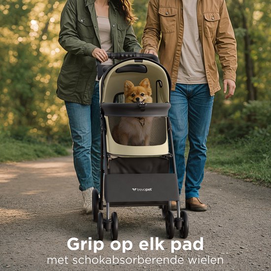 TrevoPet® Inklapbare Hondenbuggy - Voor Kleine en Middelgrote Honden tot 15 kg - Wandelwagen met Bekerhouder & Grote Opbergmand - Beige