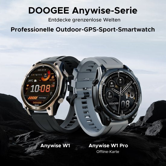 DOOGEE Anywise W1 Pro -Militair smartwatch-AI spraakbesturing-5ATM-Dual band GPS-Offline kaarten-170 sportmodi-1,43 inch AMOLED-Fitnesstracker-Bellen en gebeld worden-18 dagen extra lange batterijduur-Zaklamp-Geschikt voor Android en iPhone