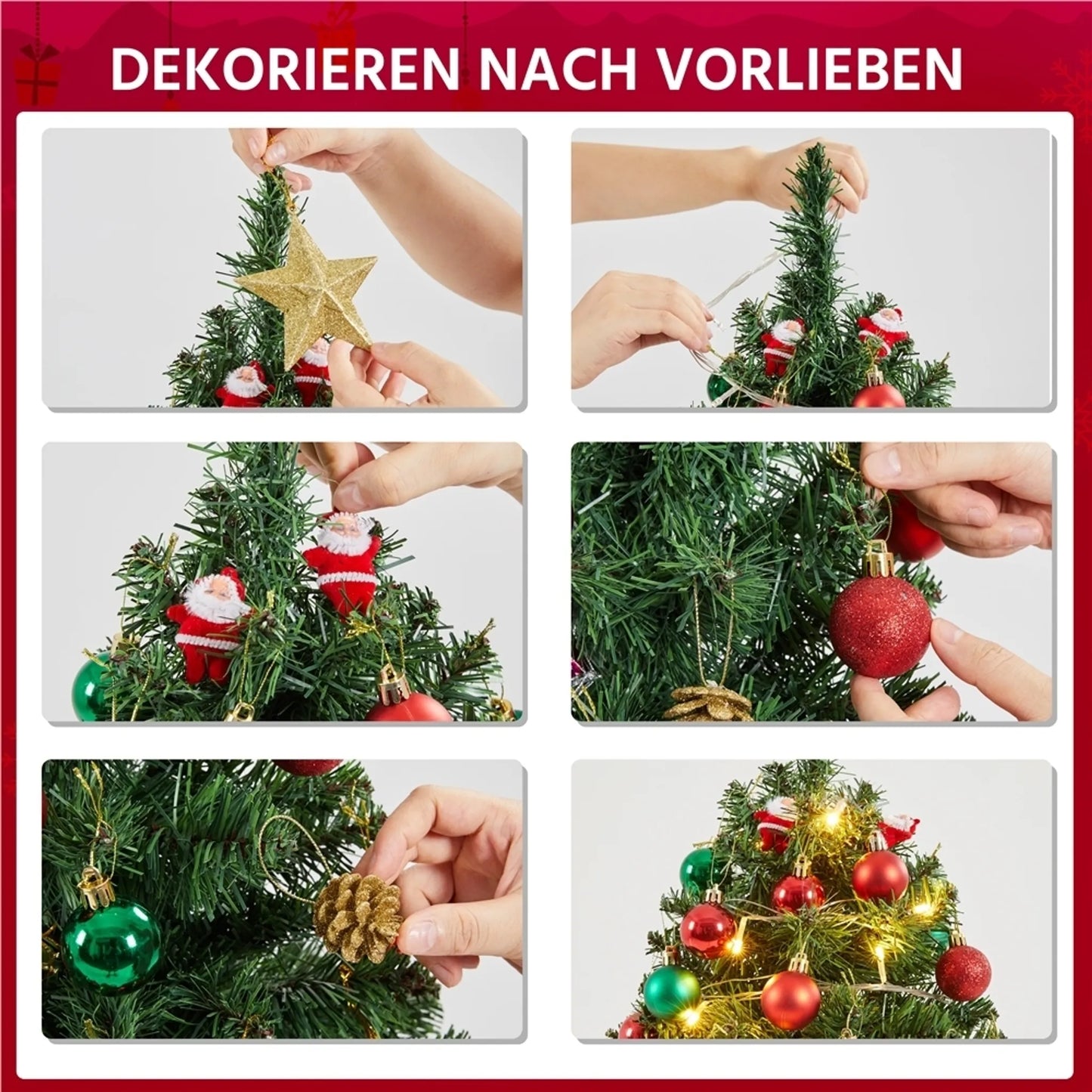 Yaheetech Tafelkerstboom Met Verlichting – 38 x 38 x 60 cm – Voorzien Van 35 LED-Lampjes En 40 Rode Bessen En Betonnen Voet Met Rode Doek – Voor Dressoir En Kantoor – Groen PVC En Beton