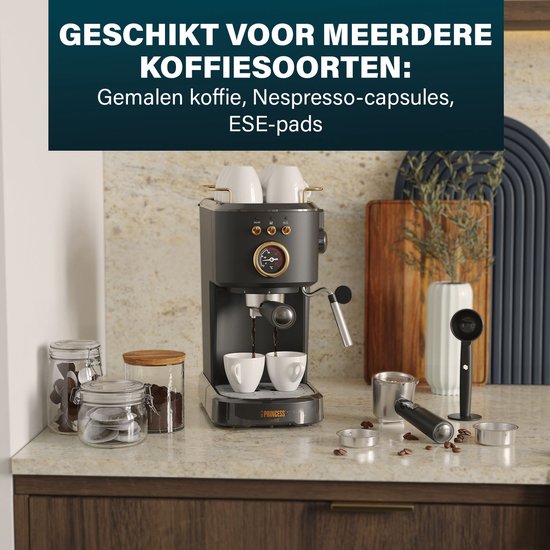 Princess 249417 Espressomachine – 20 Bar – Geschikt voor Gemalen Koffie, Pads & Cups – Met Melkopschuimer – 1,2L Watertank – 2 Kopjes Tegelijk – Kopjesverwarmer – Zwart – Cappuccino & Latte Machine