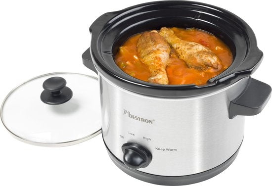 Bestron Slowcooker, met 3 programma's, keramische pan & glazen deksel, voor 2 Personen, 1,5L capaciteit, vatwasserveilig, 120 Watt, kleur: zilver