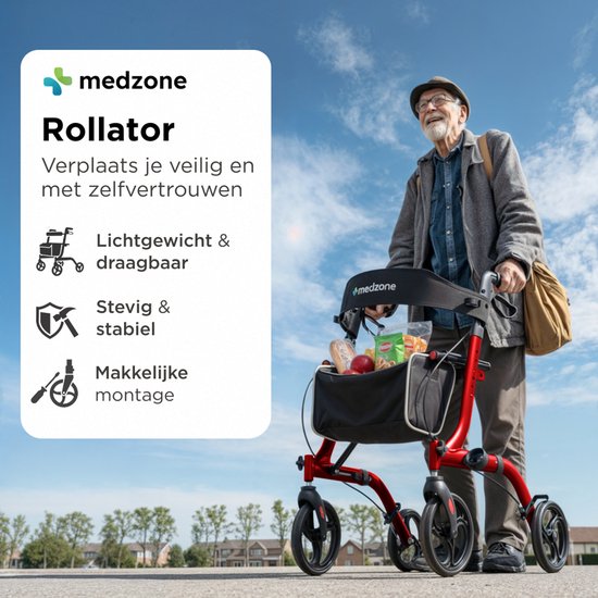 Medzone Rollator Lichtgewicht en Opvouwbaar - Zitfunctie - Binnen en Buiten - Rugleuning en Wandelstok Houder - Champagne - Rood