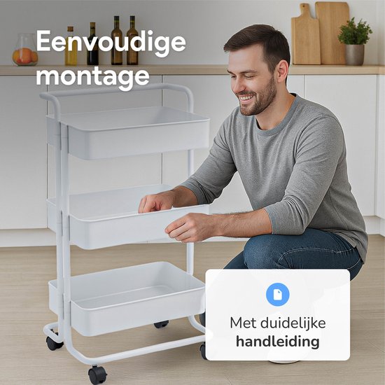 Keuken trolley op Wieltjes - 3 laags - Keukenrek - Serveerwagen - Kastje - Karretje - Opberg - Douche kastjes staand - Rekje - Wit - Luft