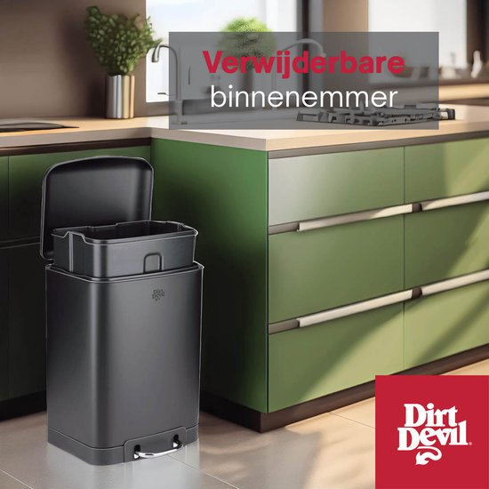 Dirt Devil Pedaalemmer 30 Liter - Afvalemmer Soft Close Mechanisme - Prullenbak met Verwijderbare Binnenbak - voor Keuken en Badkamer - 34,5 x 32,5 x 61,5 - RVS - Zwart
