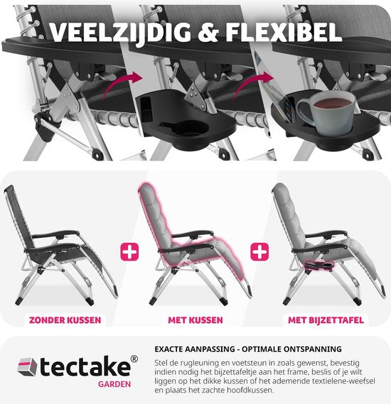 tectake® - ligbed opklapbare ligstoel, tuinligstoel, traploos verstelbaar, buitenfauteuil voor balkon of tuin, ligstoel met extra dik kussen, relaxligstoel belastbaar tot 200 kg (grijs)