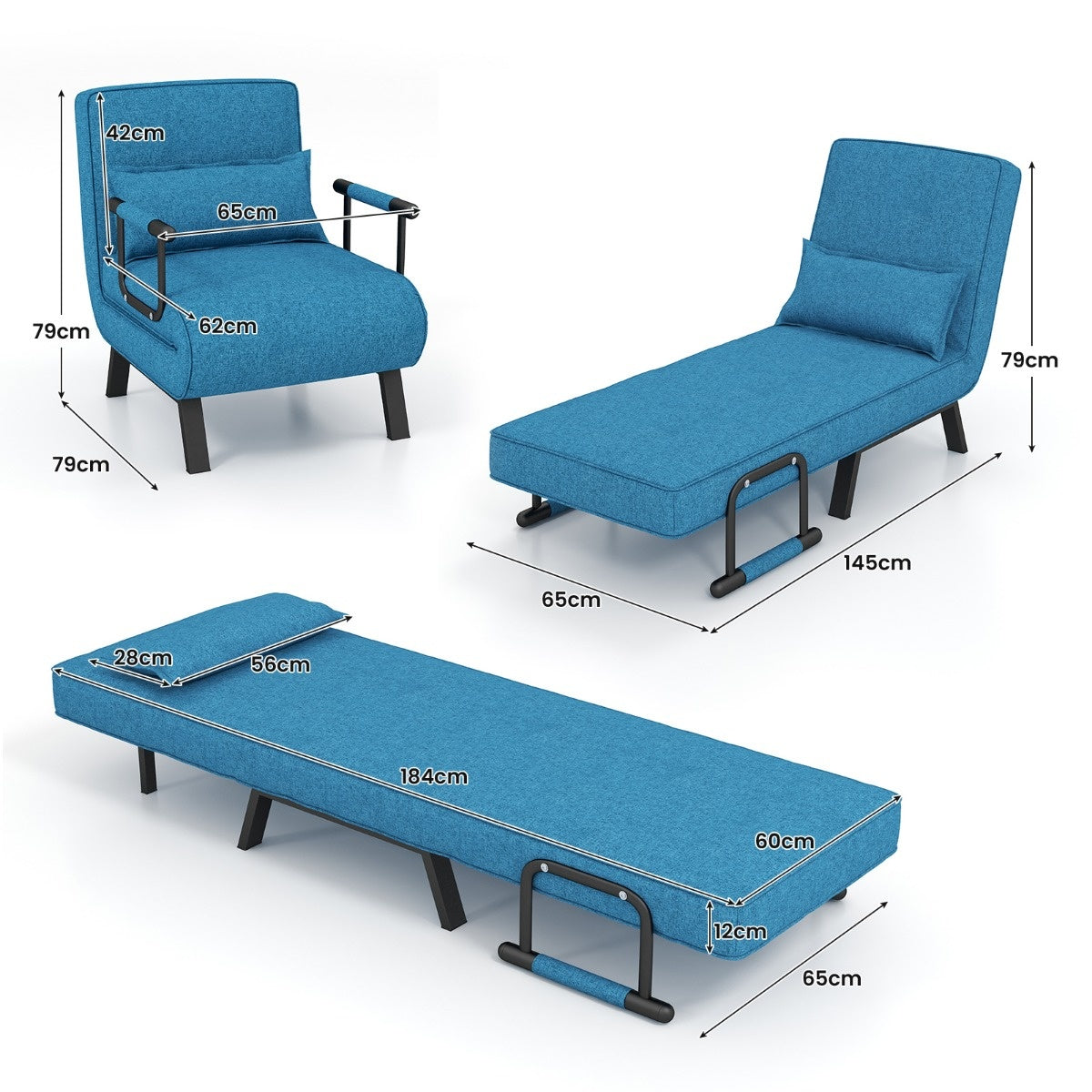 Coast Slaapstoel Slaapbank - 4-in-1, 5-standen Verstelbaar, Max. 150 kg - L 184 cm - Linnen/Metaal - Blauw
