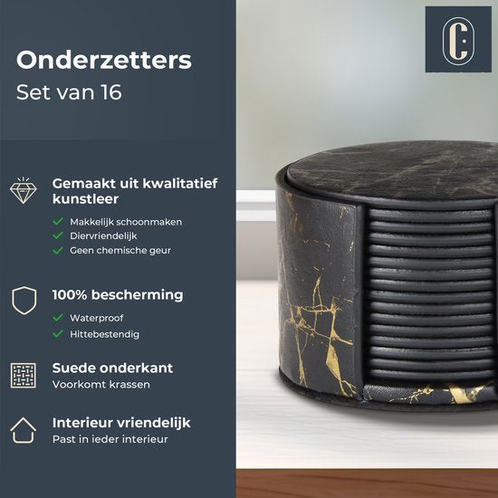 Castagnola Kunstlederen Onderzetters – Onderzetters voor Glazen – Design Onderzetters met Houder – Leren Onderzettersset – Leder – Set van 16 – Marmer look - Zwart/Goud