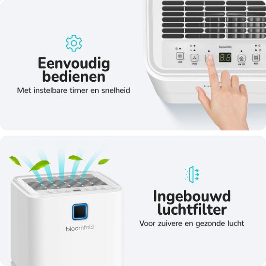 Bloomfold Luchtontvochtiger - 12L per Dag - Incl. Was-droog Functie - Geschikt voor Woonkamer, Slaapkamer, Kelder & Badkamer - Dehumidifier - Wit