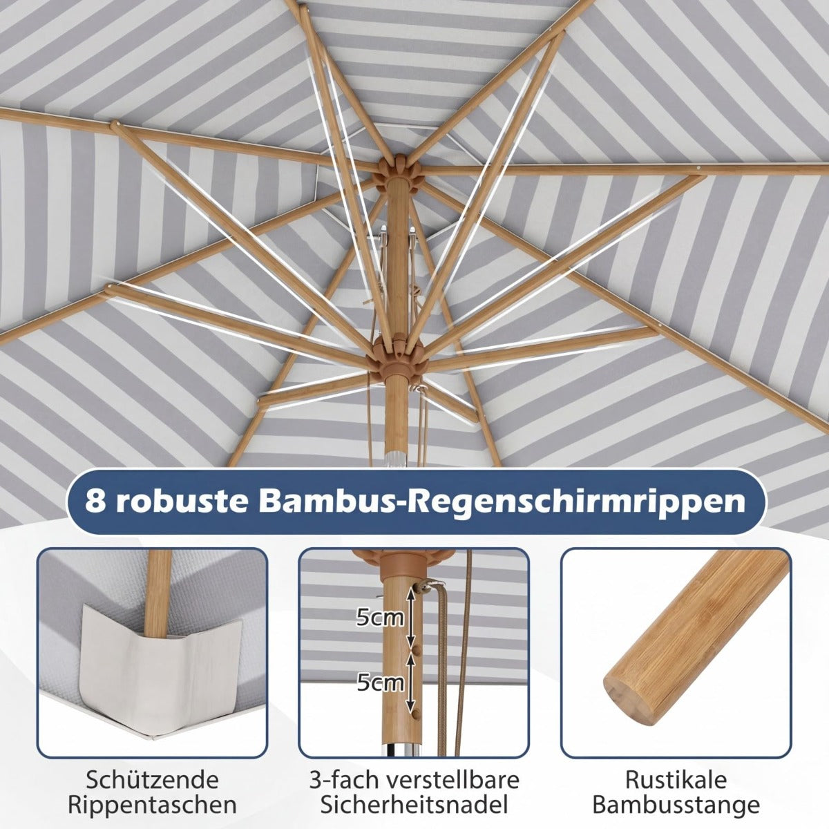 Coast houten parasol 270 cm - blauw/wit gestreept