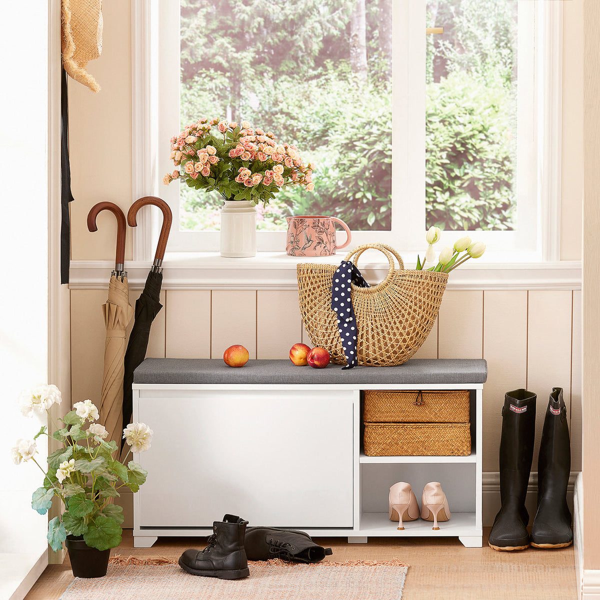 SoBuy FSR119-W Schoenenkast met zitvlak - 90 x 24 x 46 cm - Wit/ Grijs