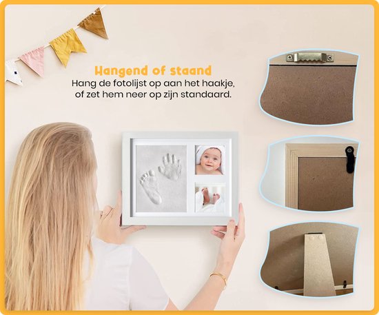 Frummel Baby Fotolijstje met Klei Afdruk (Gipsafdruk baby) - Beter dan gips afdruk - Klei Afdruk Baby Voet en Hand - Kraamcadeau Meisje / Kraamcadeau Jongen - Babyshower