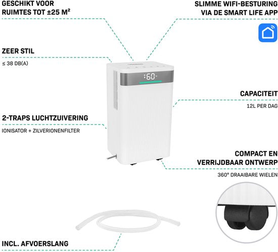 VONROC Luchtontvochtiger – 12L/dag - 2L tank – wasgoedmodus – met wifi bediening – met luchtzuiveringsfunctie