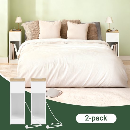 SoBuy 2-delige Slim Nachtkastje met Oplaadstation, Smal Bijzettafeltje met Standaard Stopcontact, USB-poort en Type-C Poort voor Slaapkamer en Woonkamer, B20 x D35 x H60 cm, Wit, FBT111-E-WNx2