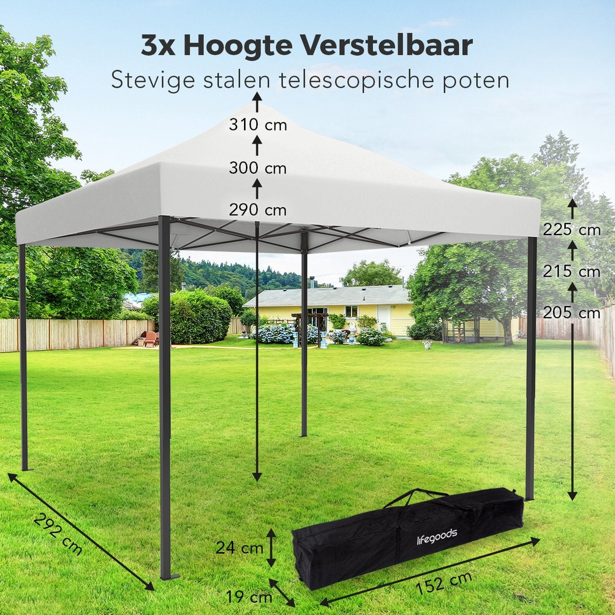 LifeGoods Partytent Easy Up - 3x3 m - Wit - Waterdicht - In hoogte verstelbaar - Inclusief draagtas met wieltjes