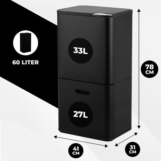 Bayt Prullenbak 60 Liter - Vuilnisbak 60 Liter - Prullenbak Afvalscheiding - 2 Compartimenten - RVS - Zwart