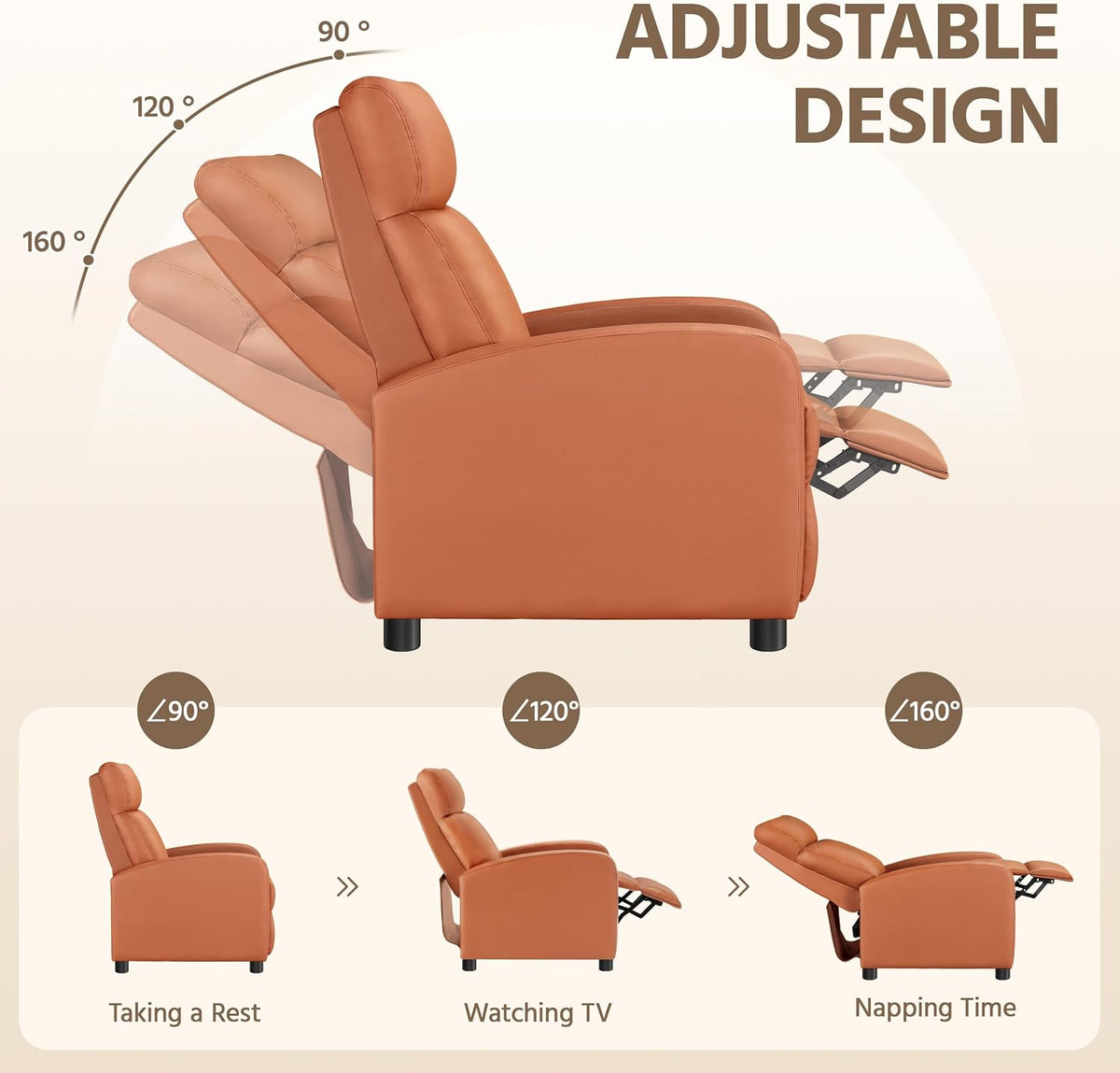 Yaheetech Relaxfauteuil Set van 2 - 67,3 x 85,1 x 99,6 cm - Verstelbare Voetsteun - Kunstleer - Tan