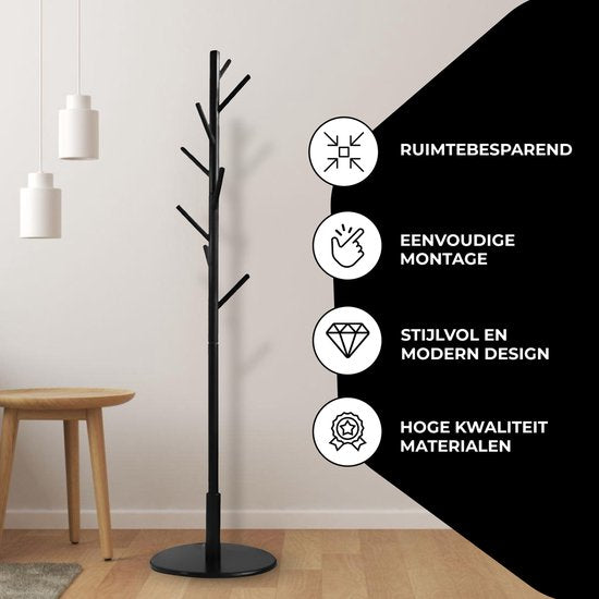 Bayt Kapstok - Staande kapstok - Kapstok Hout - Kapstok Staand - Garderoberek - 8 Haken - 175 cm - Zwart