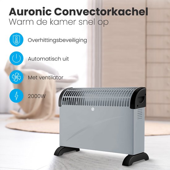 Auronic Elektrische Convectorkachel - 750/1250/2000 Watt - Met Ventilator - Verwarming - Ventilatorkachel - Grijs