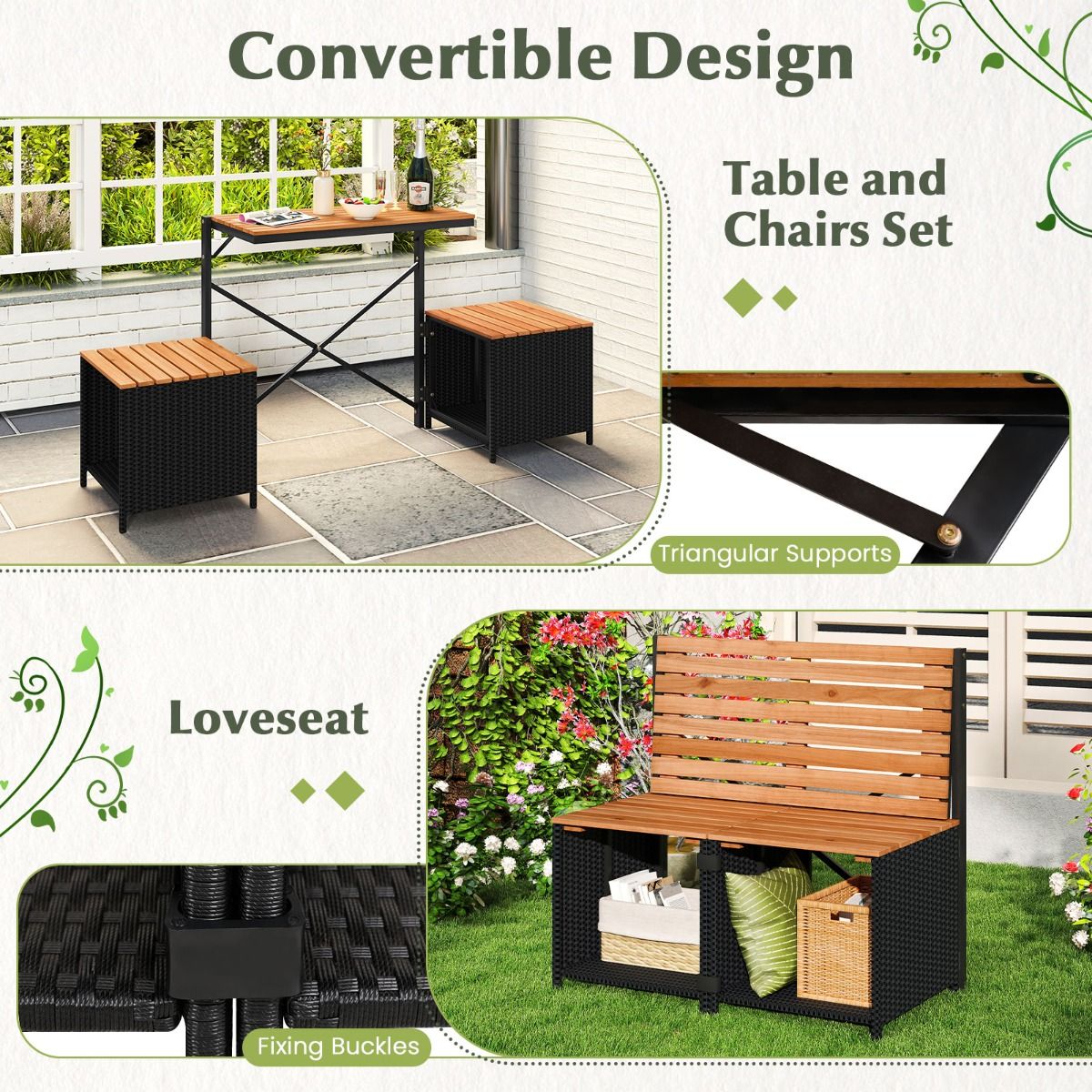Coast 2-in-1 tuinbank en picknicktafel - omvormbaar balkonmeubel - met opbergruimte - zwart/naturel