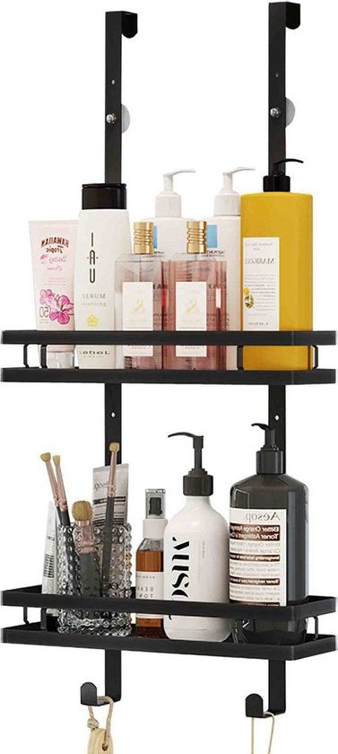 Goliving Doucherek - Doucherek zonder boren - 74 x 35 cm - Hangend doucherek - RVS - Twee laags - Zwart