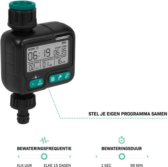 VONROC Watertimer en Irrigatiesysteem – Complete starterset – automatische bewateringsset/druppelsysteem – digitale watertimer – 3 sprinklerstanden: druppelen, vernevelen & sproeien – Incl. 15m slang, 10x sprinkler/waterdruppelaar, 10x slanghouder