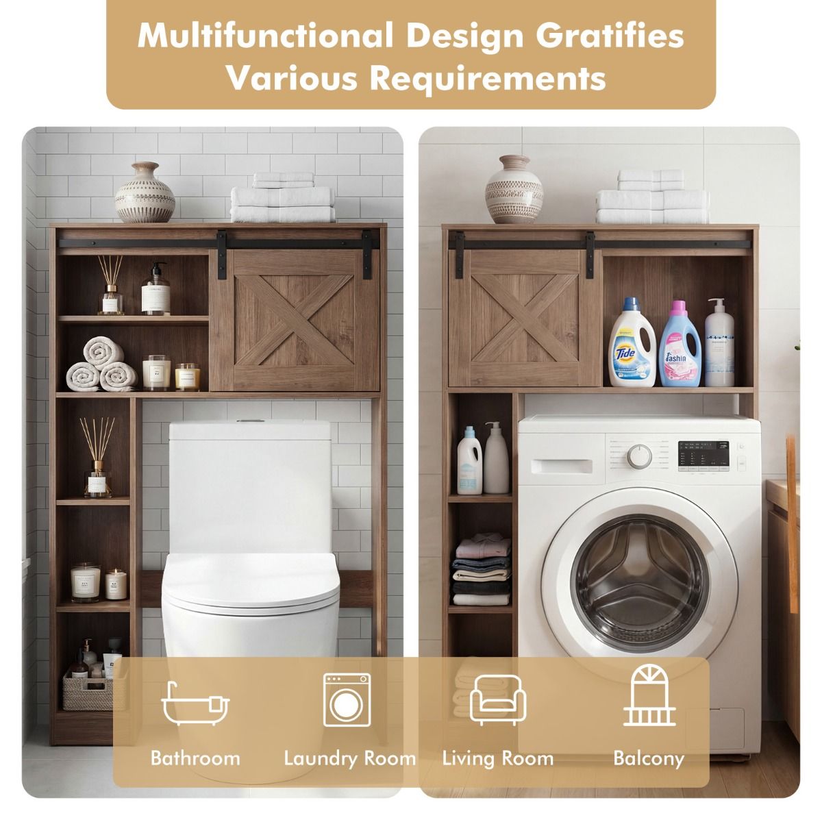 Coast toiletkast met schuifdeur - vrijstaand badkamerrek - hout en MDF - donkerbruin - 84 x 17 x 128 cm