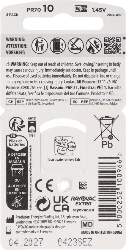 Rayovac Hoorbatterijen - 105 mAh - 1.45 V - 7.7x5.2mm - 8 Stuks