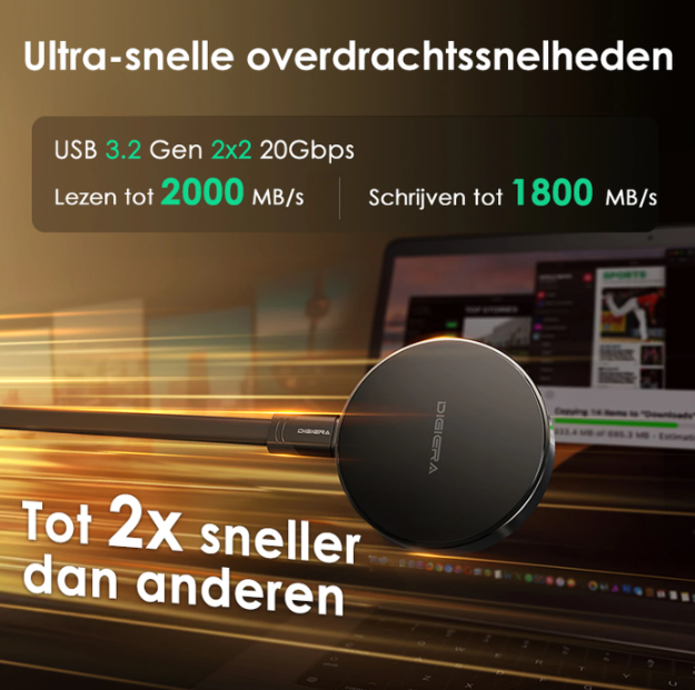 DigiEra LPS2000M-1 Magnetische Draagbare SSD 1TB - Zwart - 5,8 x 1,17 cm - 2000MB/s, USB 3.2