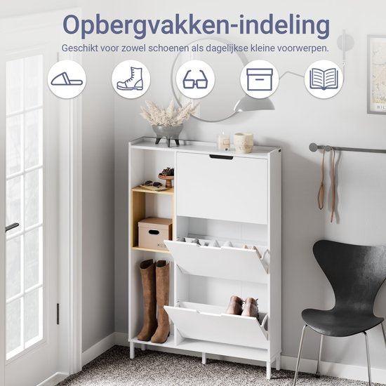 SoBuy FSR209-WN Schoenenkast, wit, compact, opslag voor 9 paar schoenen, ideaal voor kleine ruimtes en woningen, MDF + bamboe, 90 x 19 x 129,5 cm FSR209-WN