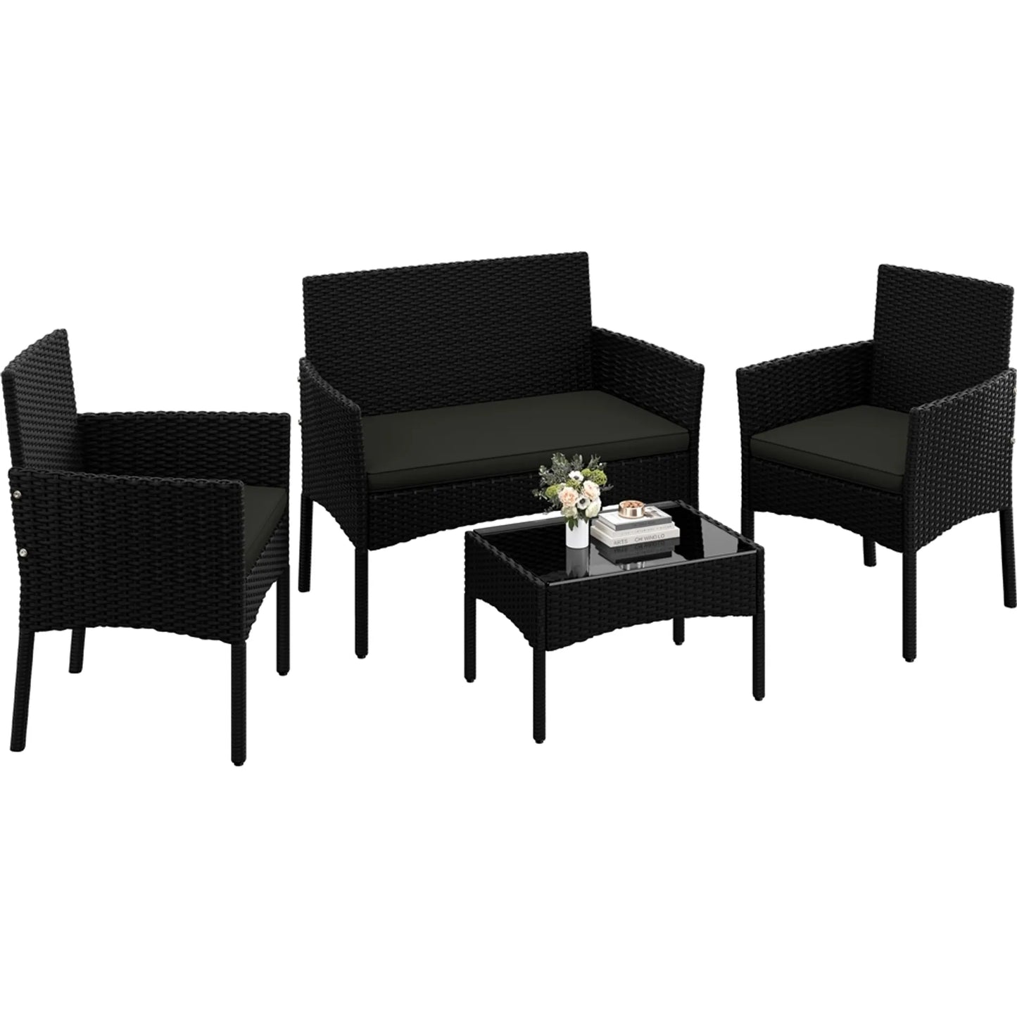 Yaheetech Tuinset Loungeset 4-Delig – 100 x 59,5 x 83,5 cm – Voorzien Van Handgeweven PE-Rattan En Glazen Tafelblad En Wasbare Kussens – Voor Tuin En Balkon – Zwart Polyethyleen En Metaal