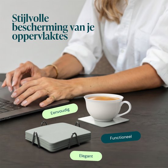 Castagnola Kunstlederen Onderzetters – Onderzetters voor Glazen – Design Onderzetters met Houder – Leren Onderzettersset met metalen houder – Leder – Set van 10 - Lichtgroen - 10x10cm
