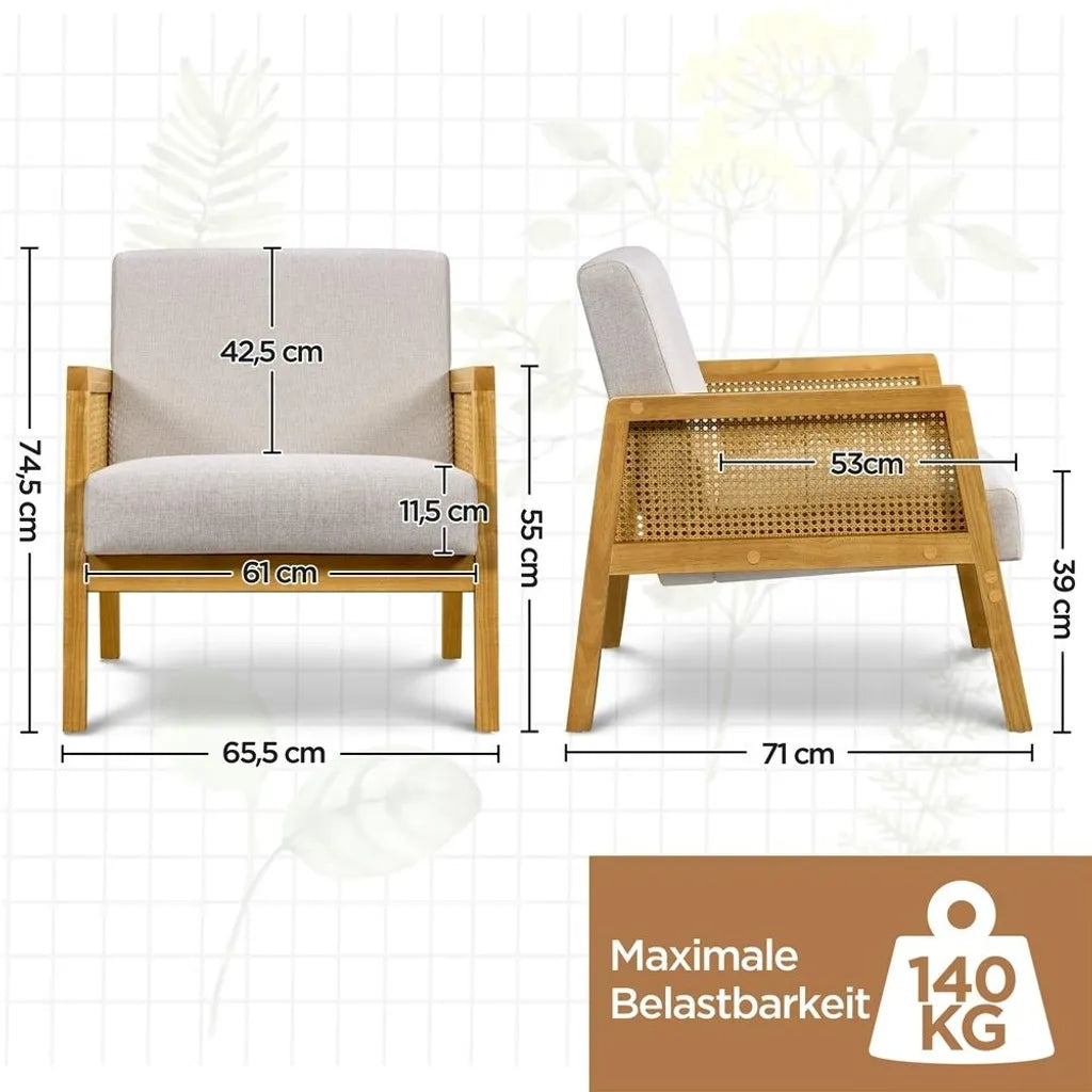 Yaheetech Fauteuil 65,5 x 71 x 74,5 cm - Beige - Gestoffeerde Lounge Chair met Rotan Armleuningen