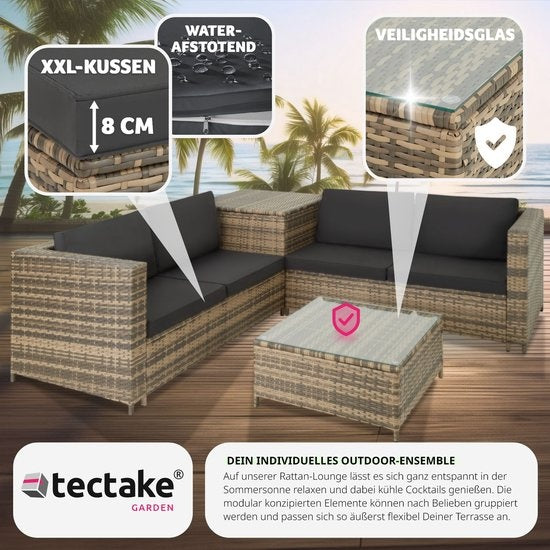 Tectake - Wicker Loungeset Siena (4 Personen) - Modulair, Opbergbox, Extra Dikke Kussens, UV- & Weerbestendig, Stalen Frame - Natuur/Donkergrijs
