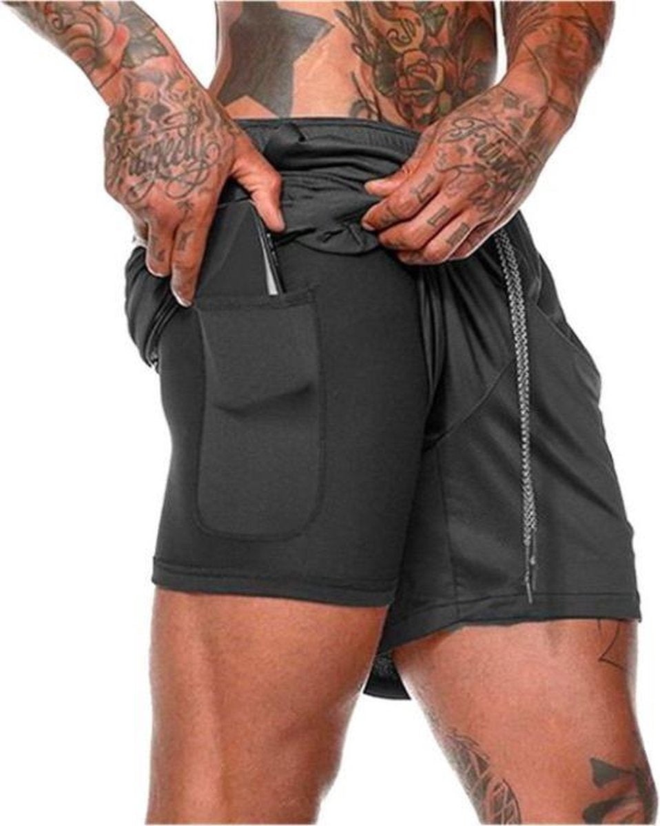 MW® - Sportbroek Heren - Fitnessbroek - Hardloopbroek - Sportkleding - 2 in 1 Shorts - (Zwart - L)